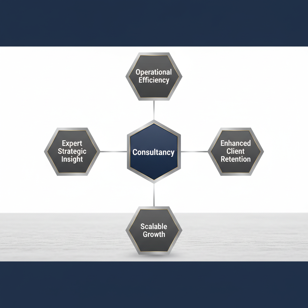 Infographic showing a central 'Consultancy' node radiating outward to interconnected benefits like 'Efficiency,' 'Growth,' and 'Client Retention,' illustrated with abstract geometric shapes and lines.