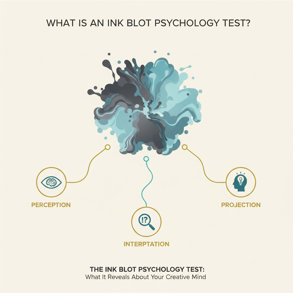 Infographic showing a central inkblot with branching pathways labeled 'Perception', 'Interpretation', and 'Projection', illustrating the core components of an ink blot psychology test.