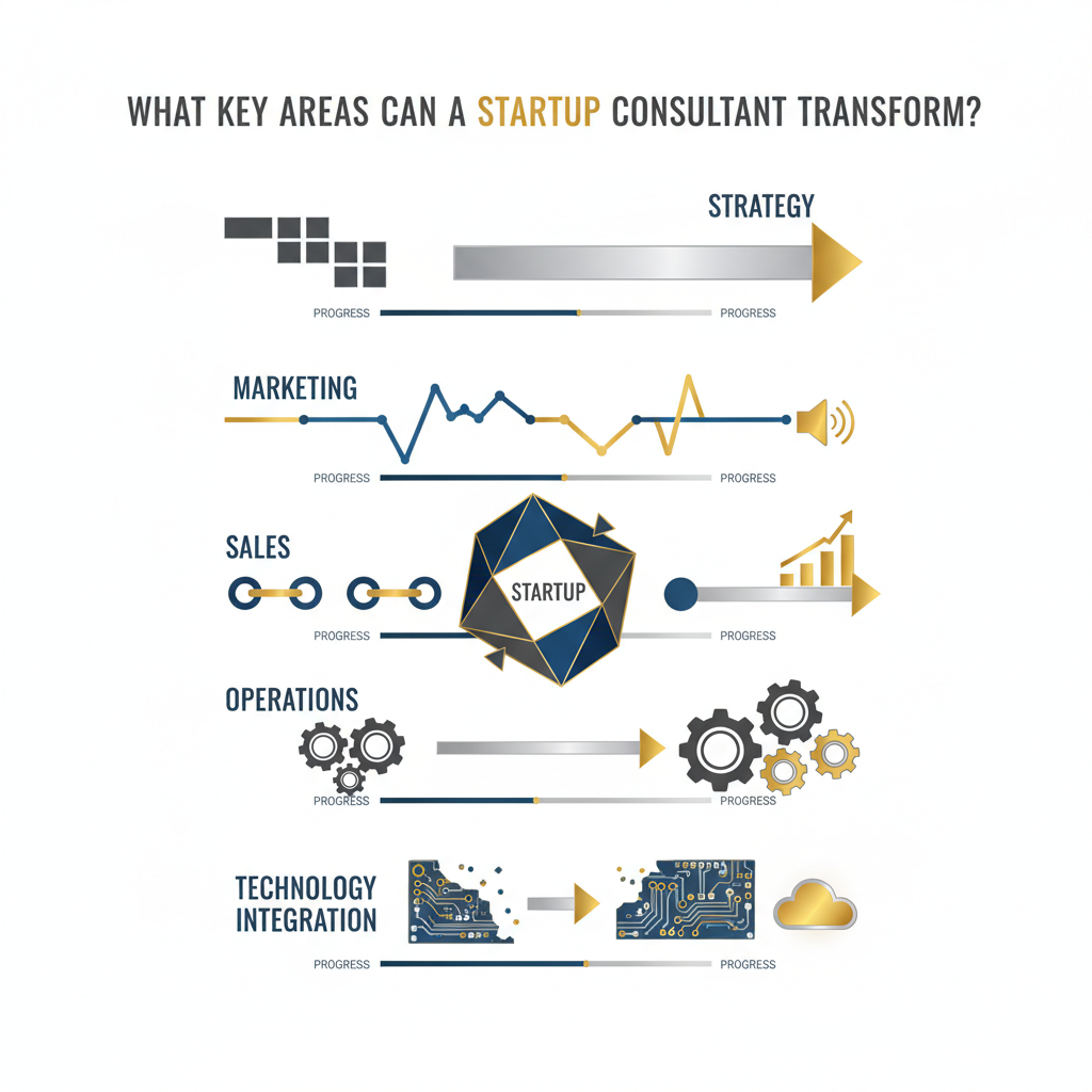 Infographic showing a central startup icon with radiating, optimized spokes representing key transformation areas like strategy, marketing, sales, and operations.