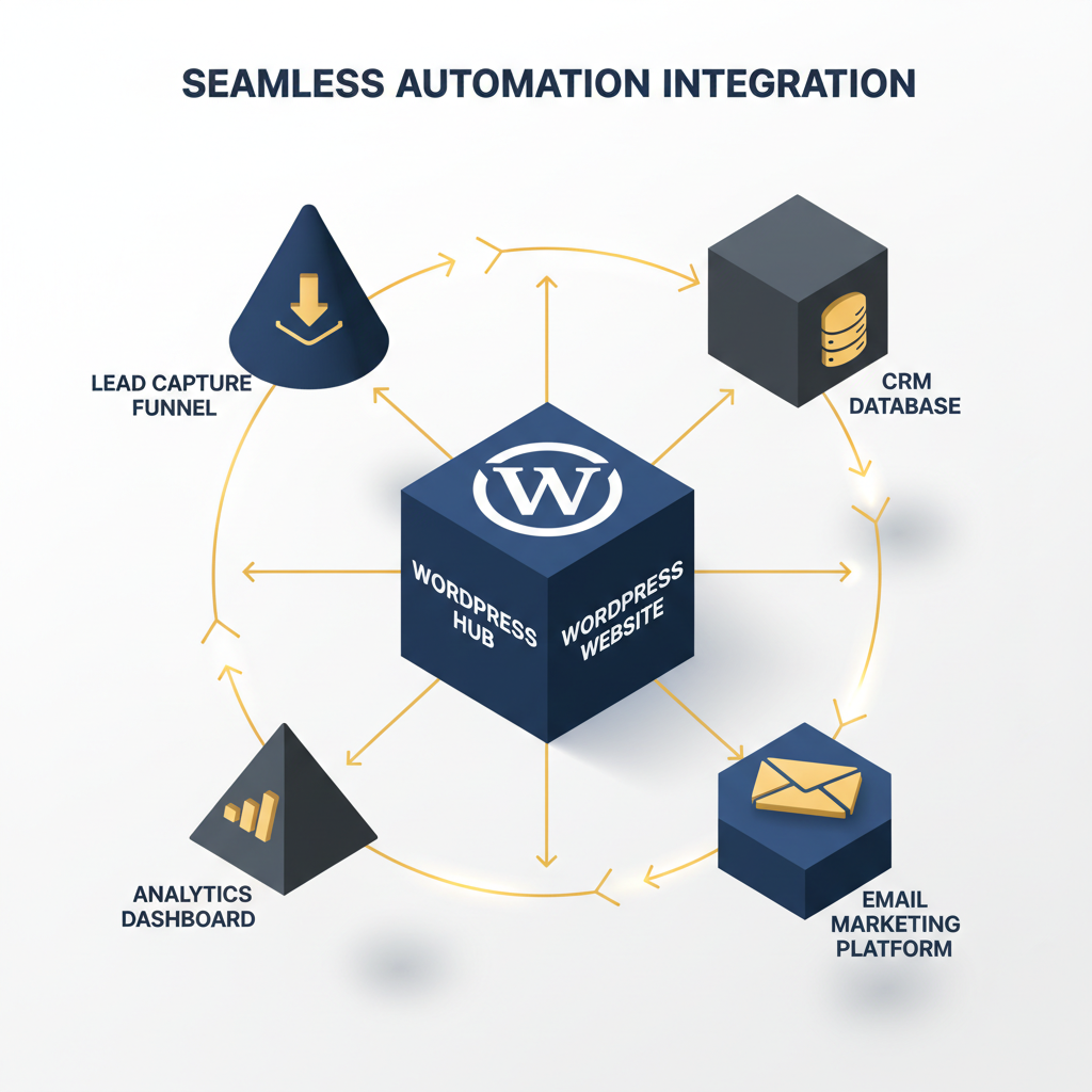 Infographic showing a central WordPress website seamlessly integrating with CRM, email marketing, analytics, and lead capture automation systems.