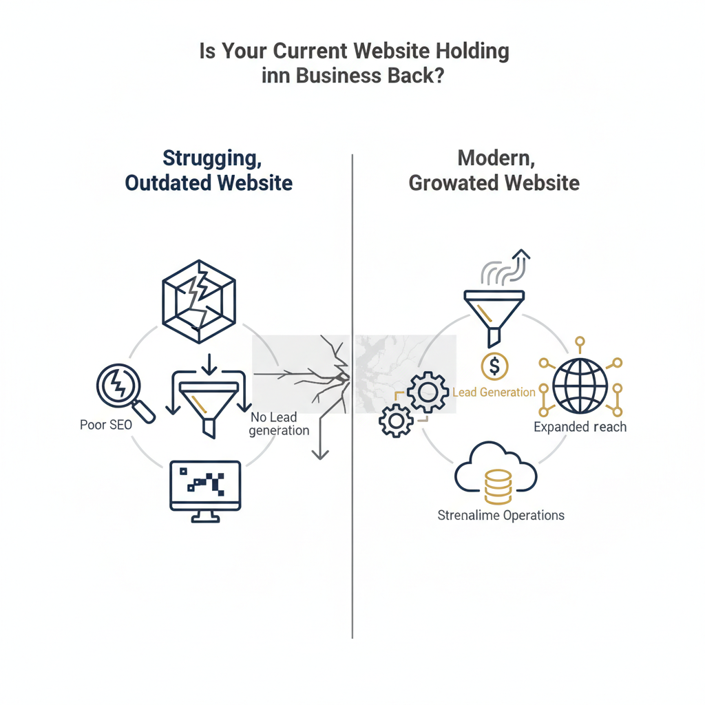 Infographic showing a fragmented, underperforming website represented by broken connections and downward trends, contrasted with an ideal, integrated growth network of business icons, currently out of reach.