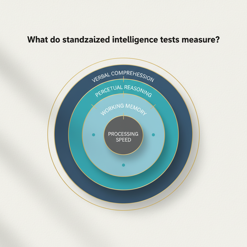 Infographic showing a multi-layered, concentric chart representing different cognitive domains measured by standardized intelligence tests, such as verbal comprehension and working memory.