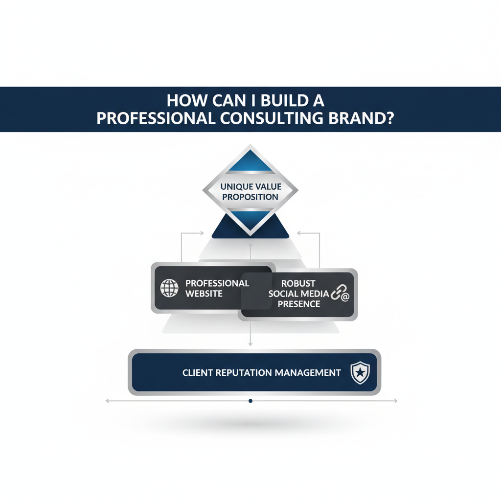 Infographic showing a structured framework for building a professional consulting brand, featuring interconnected geometric icons for a professional website, social media presence, unique value proposition, and client reputation management.