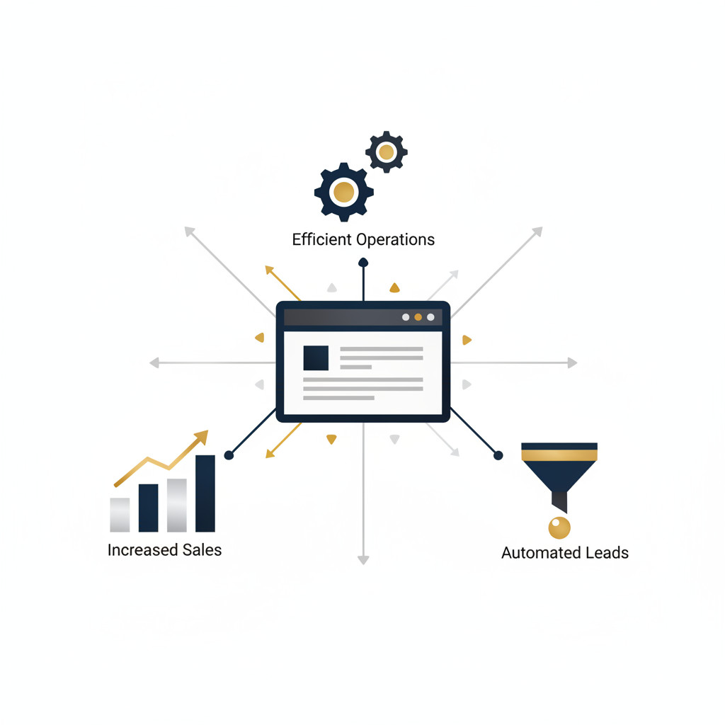 Infographic showing a stylized website icon connected to upward-trending growth charts, a lead generation funnel, and gears symbolizing efficient operations, all representing business growth through professional web development.
