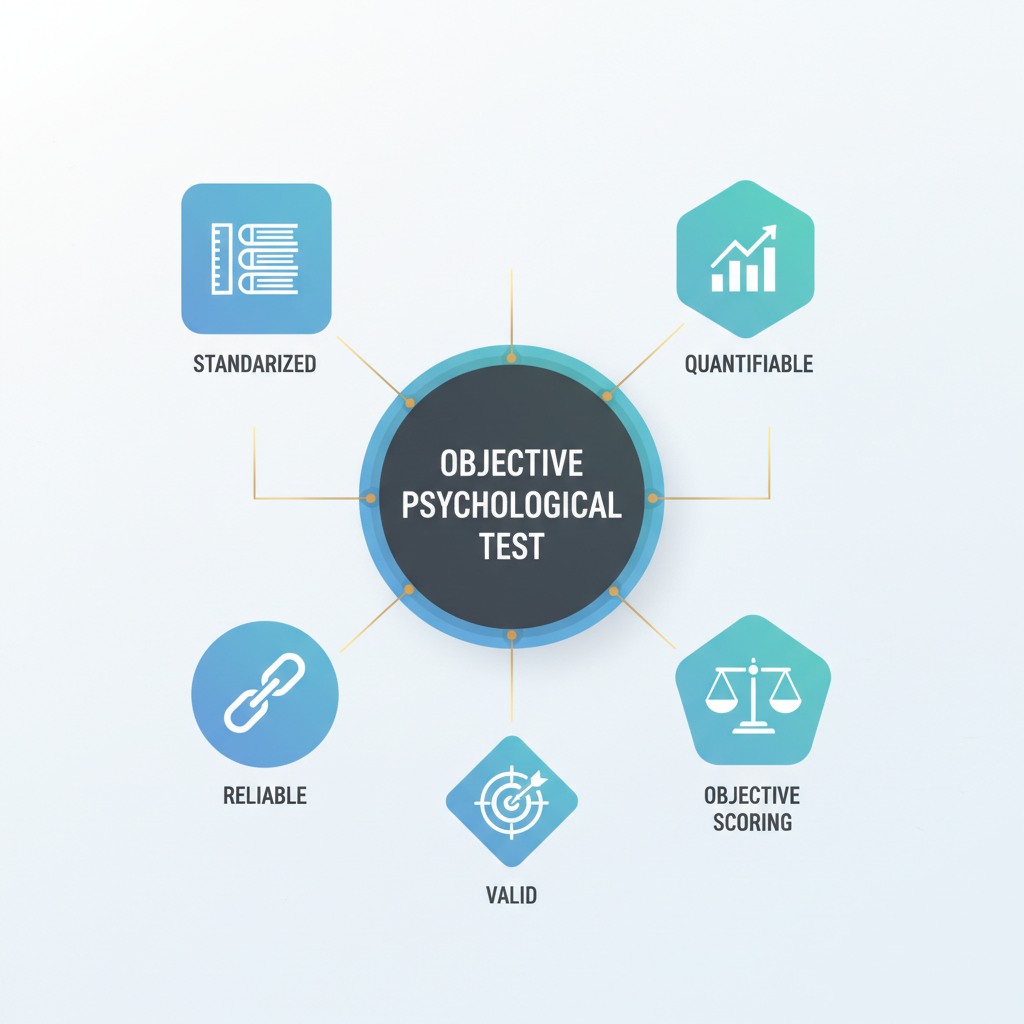 Infographic showing five key characteristics of an objective test: Standardized, Quantifiable, Reliable, Valid, and Objective Scoring, each represented by a geometric shape and icon.