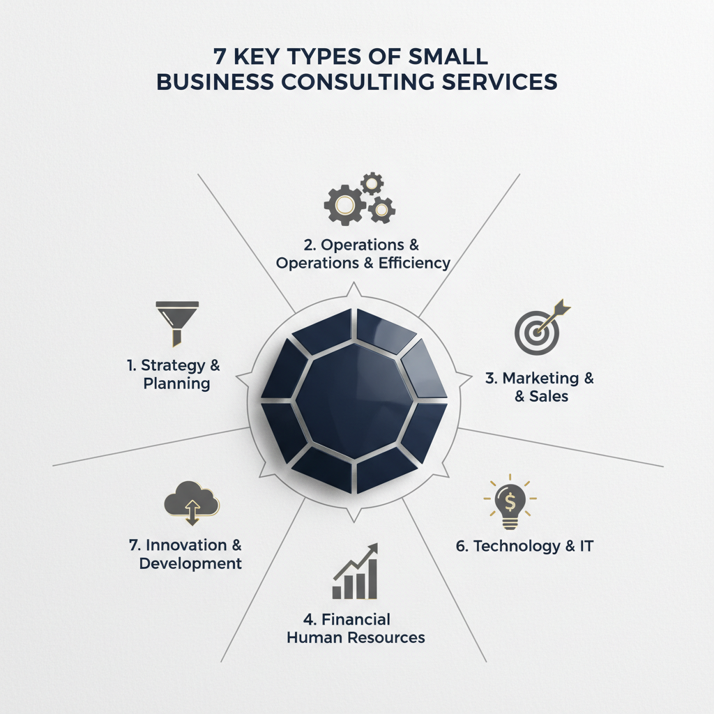 Infographic showing seven distinct categories of small business consulting services, radiating from a central hub with abstract icons for each type.