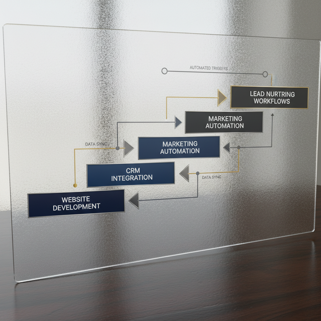 Infographic showing the integration of web development with business automation, depicted as a layered framework progressing from website development to CRM, marketing automation, and lead nurturing workflows.