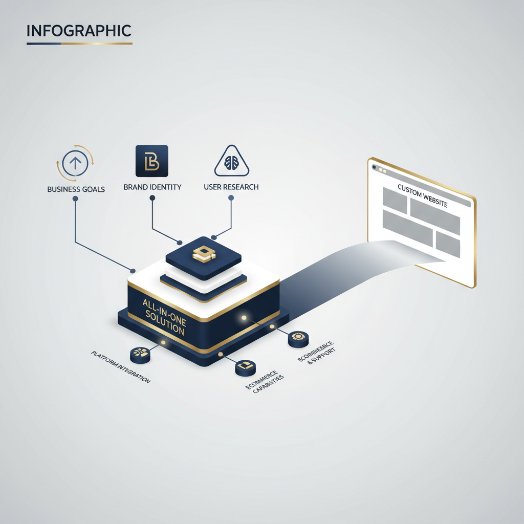 Infographic showing the process of an all-in-one solution delivering custom web development, from abstract business inputs flowing into an integrated platform and resulting in a tailored online presence.
