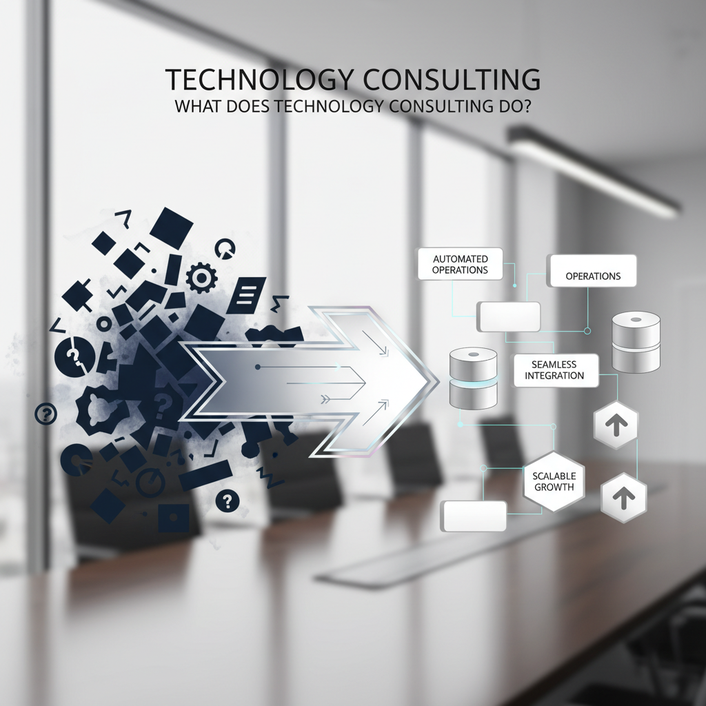 Infographic showing the transformation from complex, disorganized business challenges into streamlined, automated processes through technology consulting, depicted with geometric shapes and a clear directional flow.