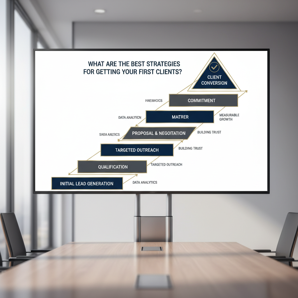 Infographic visualizing a streamlined sales funnel or lead pipeline, illustrating key stages for converting prospects into first-time clients with geometric shapes and progression indicators, highlighted with gold.