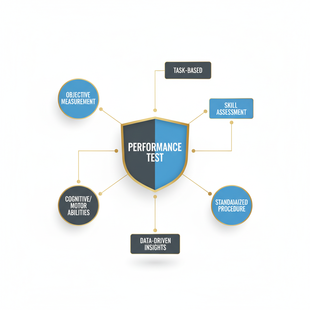 Infographic visually defining a Performance Test in Psychology through a central concept connected to its key characteristics.