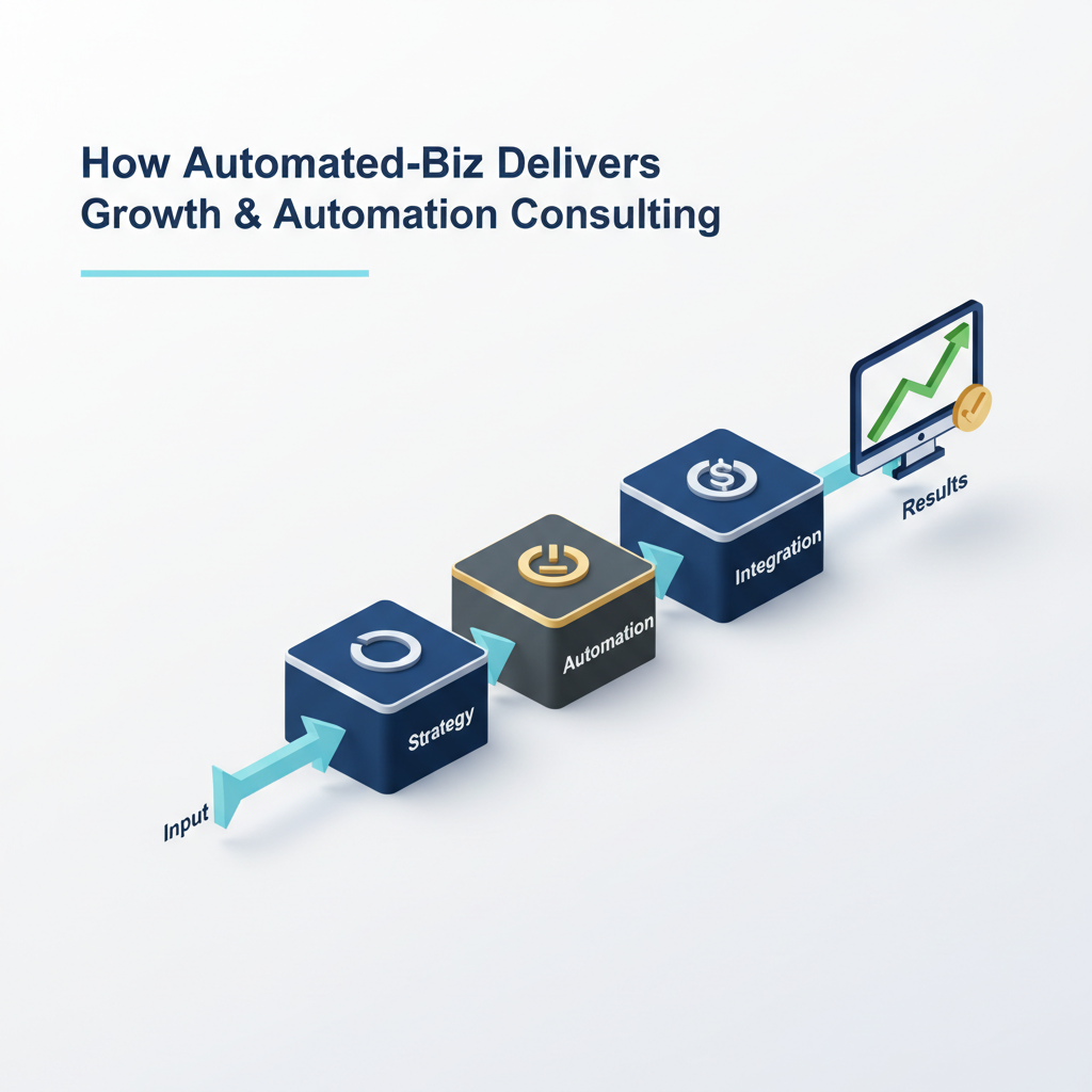 Isometric infographic detailing Automated-Biz's multi-stage growth and automation consulting process, showing a streamlined workflow from input to growth results with integrated technology icons.