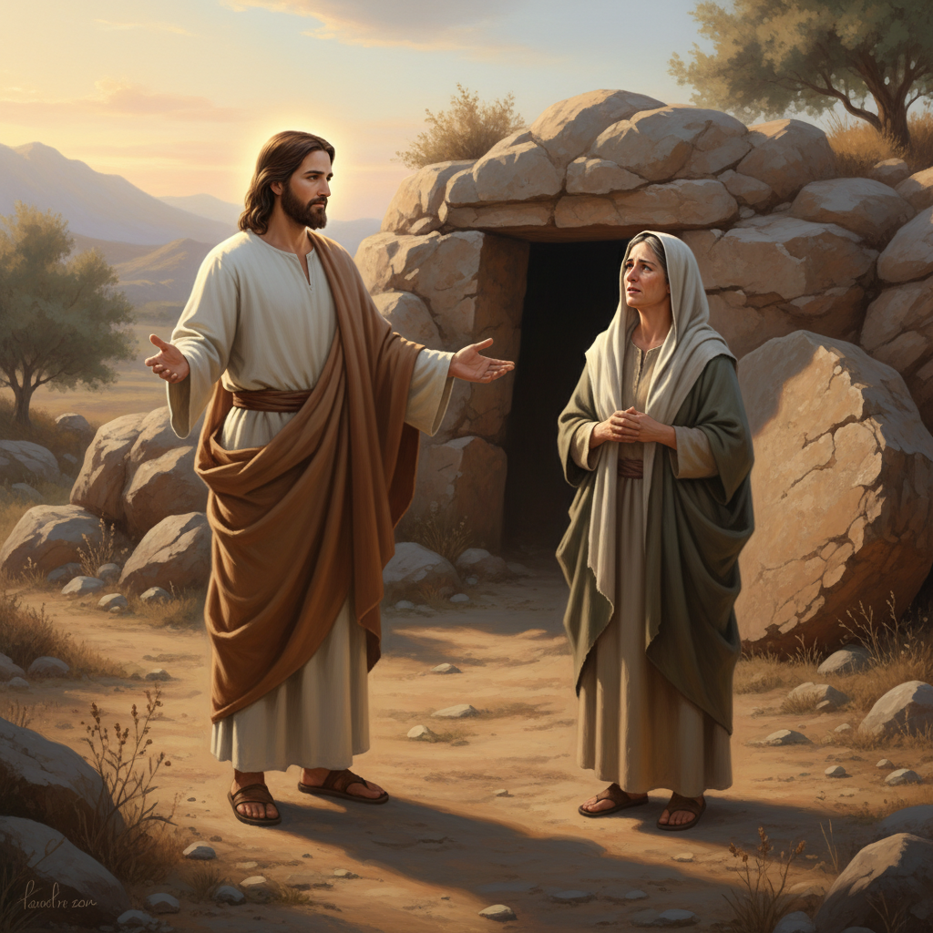 Jesus Christ speaks compassionately to Martha near a rock tomb, conveying divine authority and the promise of resurrection.