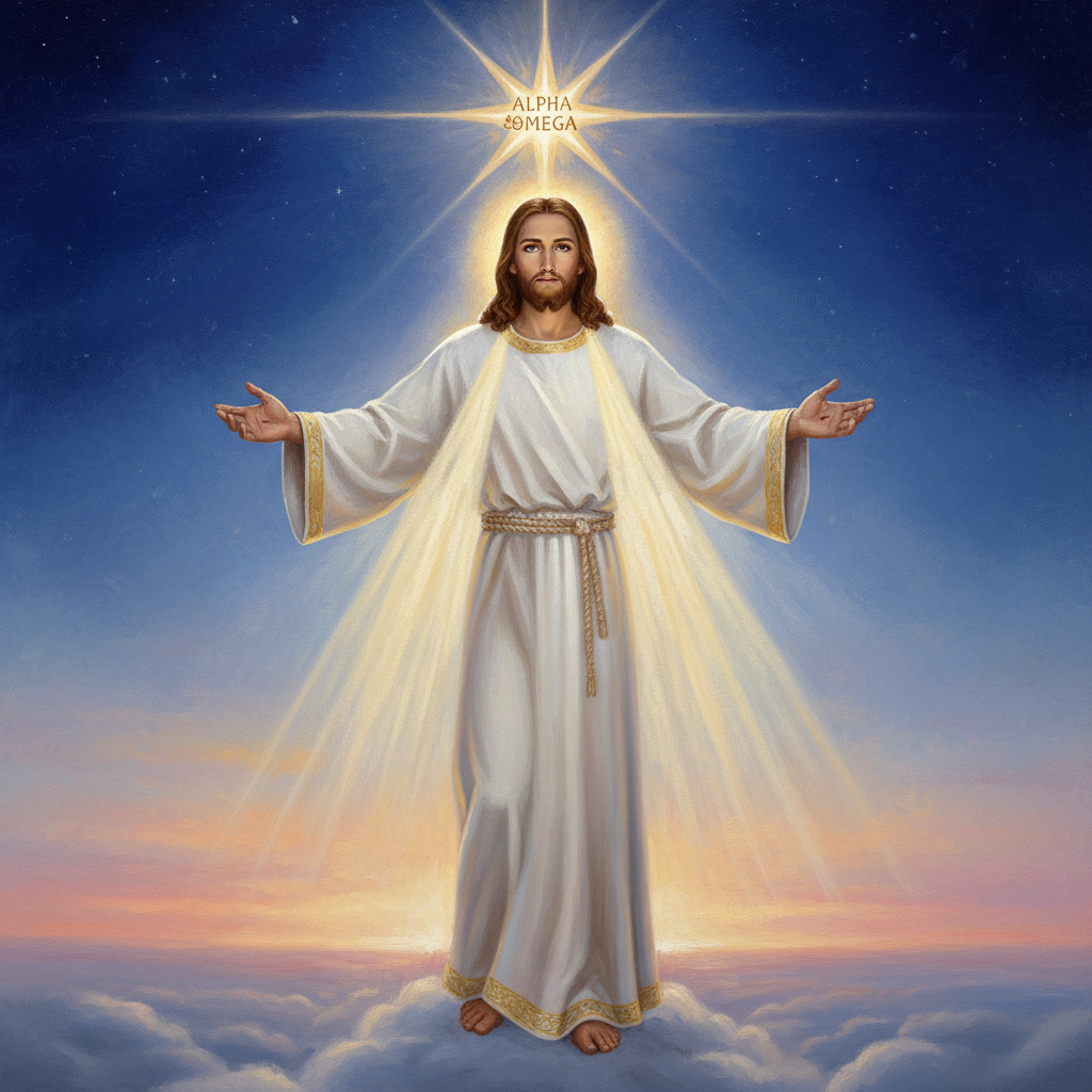 Jesus Christ, the 'Bright and Morning Star,' radiating divine light and peace against a celestial backdrop.