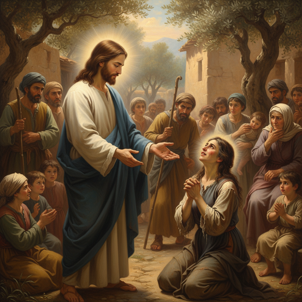 Jesus extends his hand to heal someone in a crowd, who looks up with awe and gratitude, displaying compassion and divine authority.