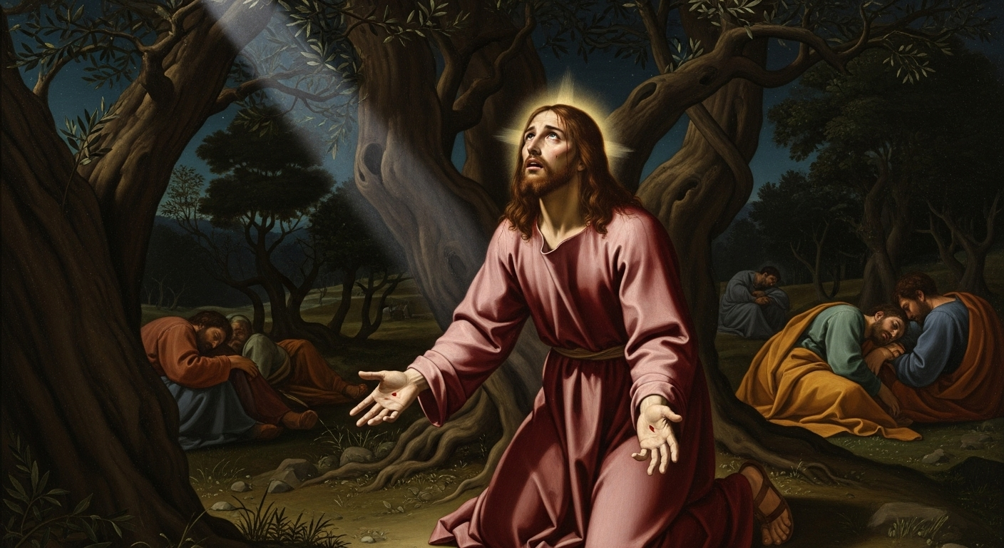 Jesus kneels in intense prayer and agony in the Garden of Gethsemane, bathed in a soft divine light.