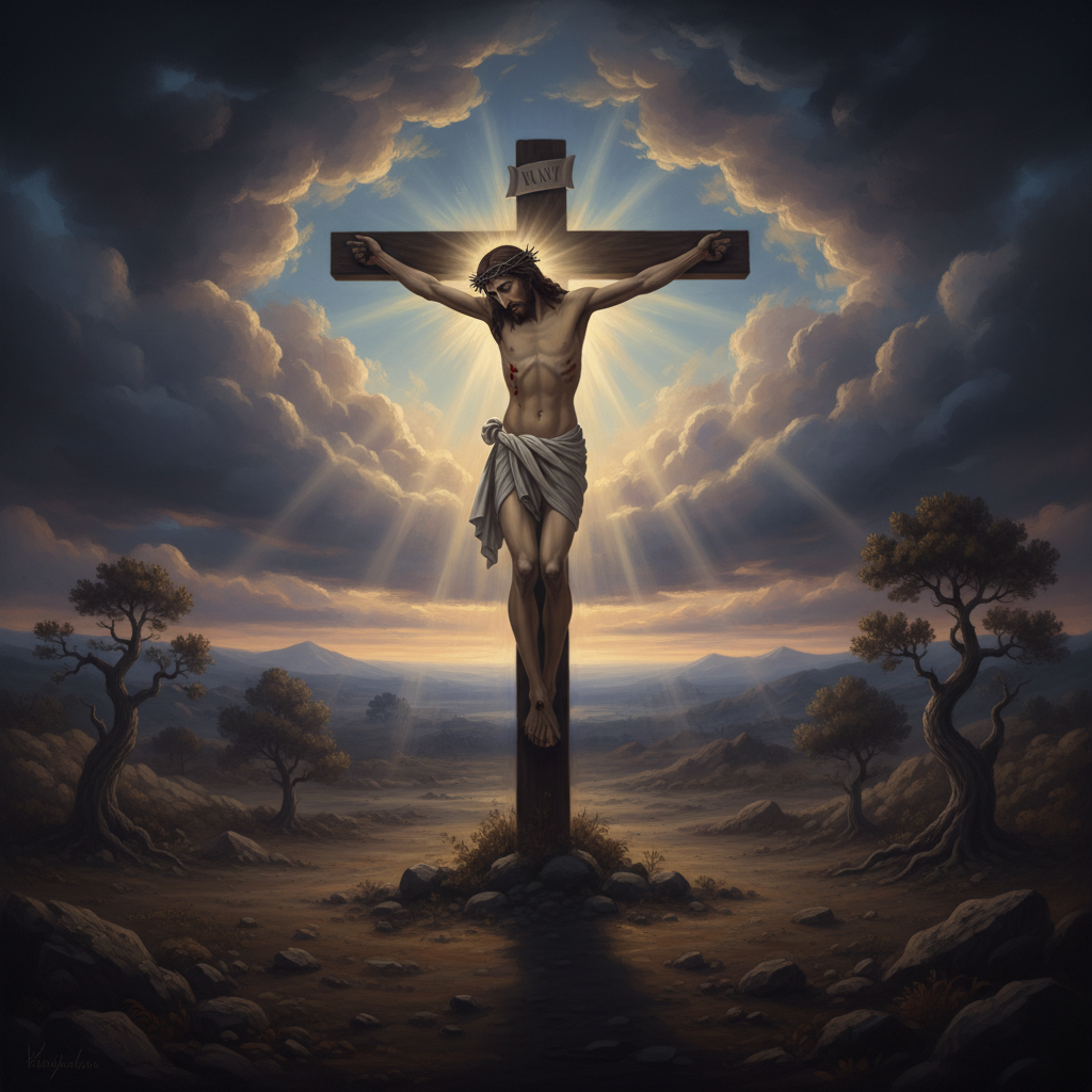 Jesus on the cross, bathed in divine light as a stormy sky parts, conveying a sense of profound spiritual completion and victory.