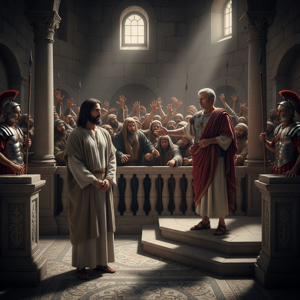 Jesus stands calmly before Pontius Pilate in a Roman court, as an agitated crowd demands His condemnation.