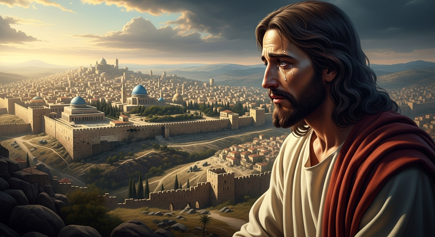 Jesus stands on a hill overlooking Jerusalem, weeping with sorrow.