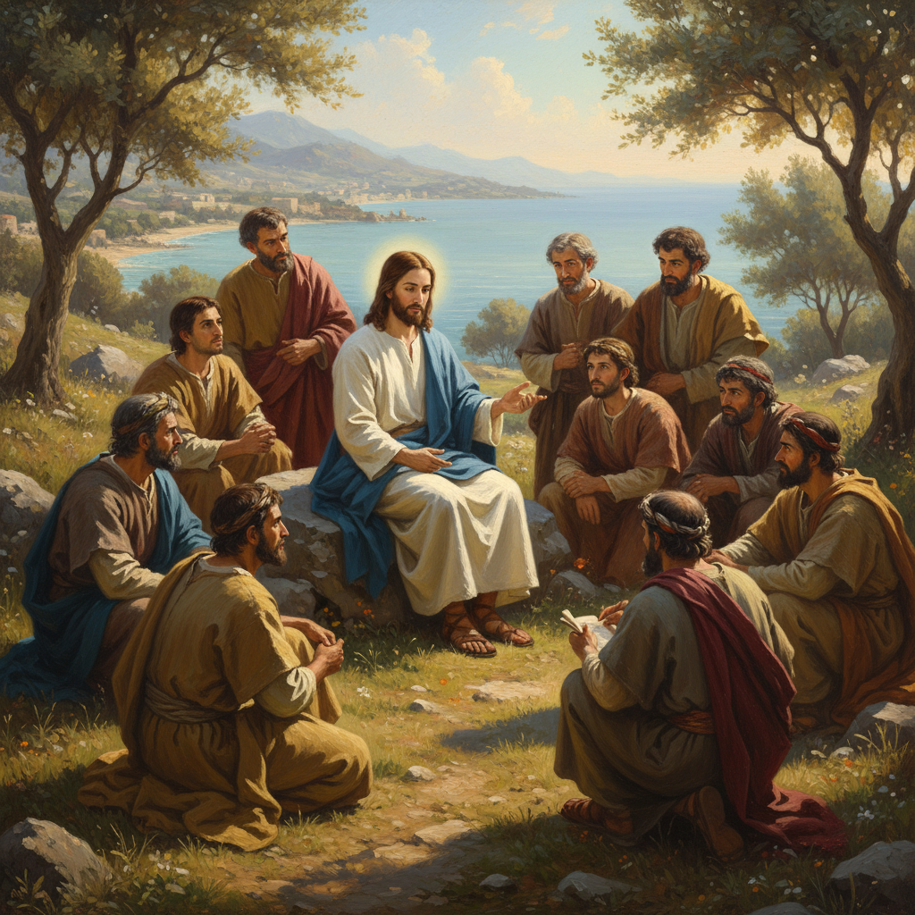 Jesus teaching His twelve disciples on a hillside overlooking the Sea of Galilee, showing their diverse and devoted faces.