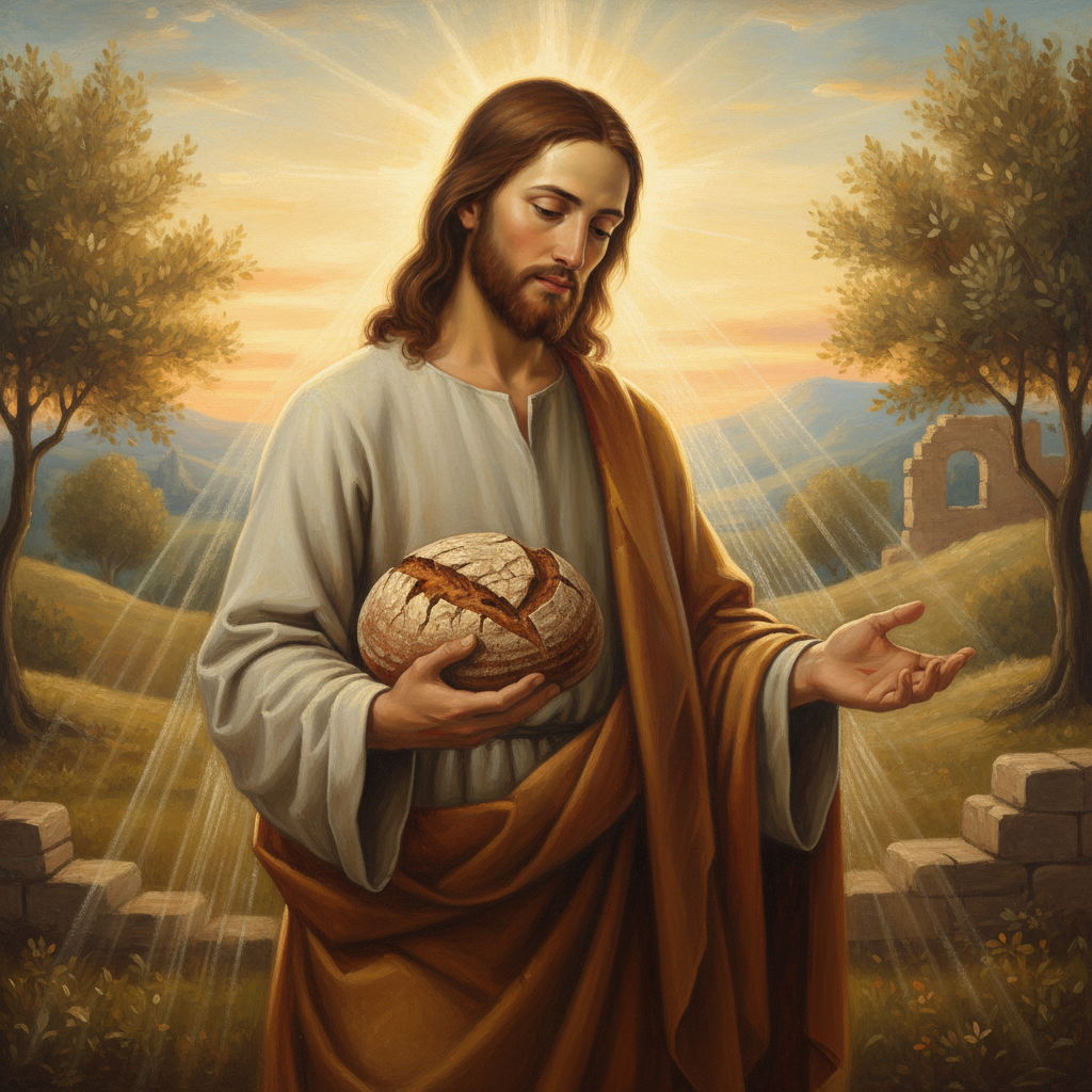Jesus, the Bread of Life, compassionately offering bread with an inviting gesture, radiating spiritual peace.