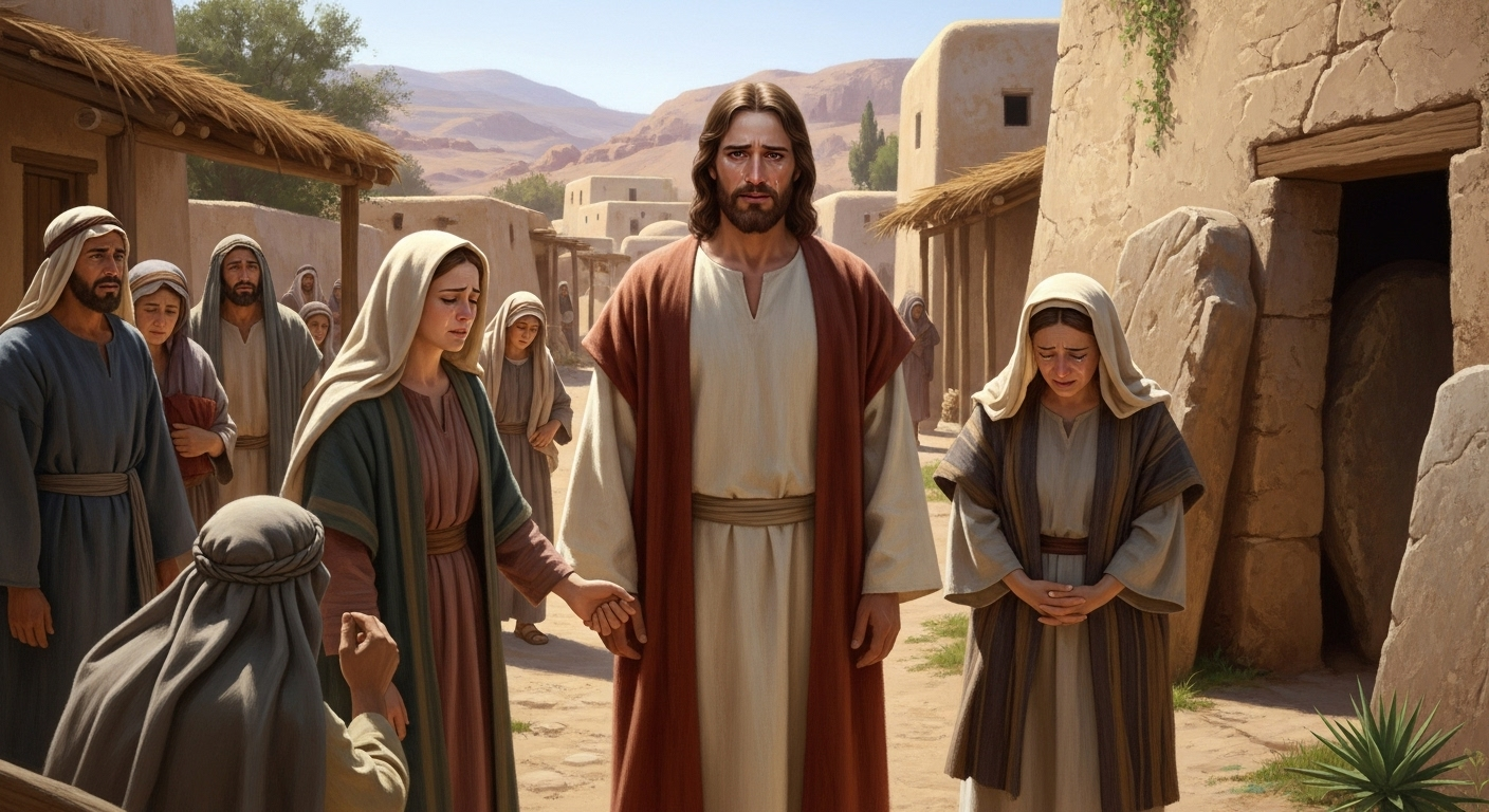 Jesus, with tears in his eyes, comforts Mary and Martha amidst mourners in ancient Bethany.