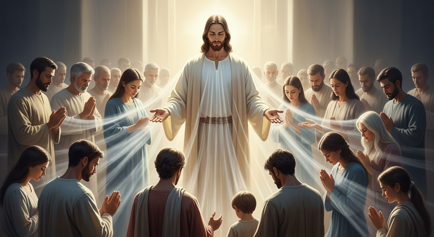 Luminous Jesus figure radiates light, symbolizing the Anointing received through Him, embracing a diverse group of believers in prayer.
