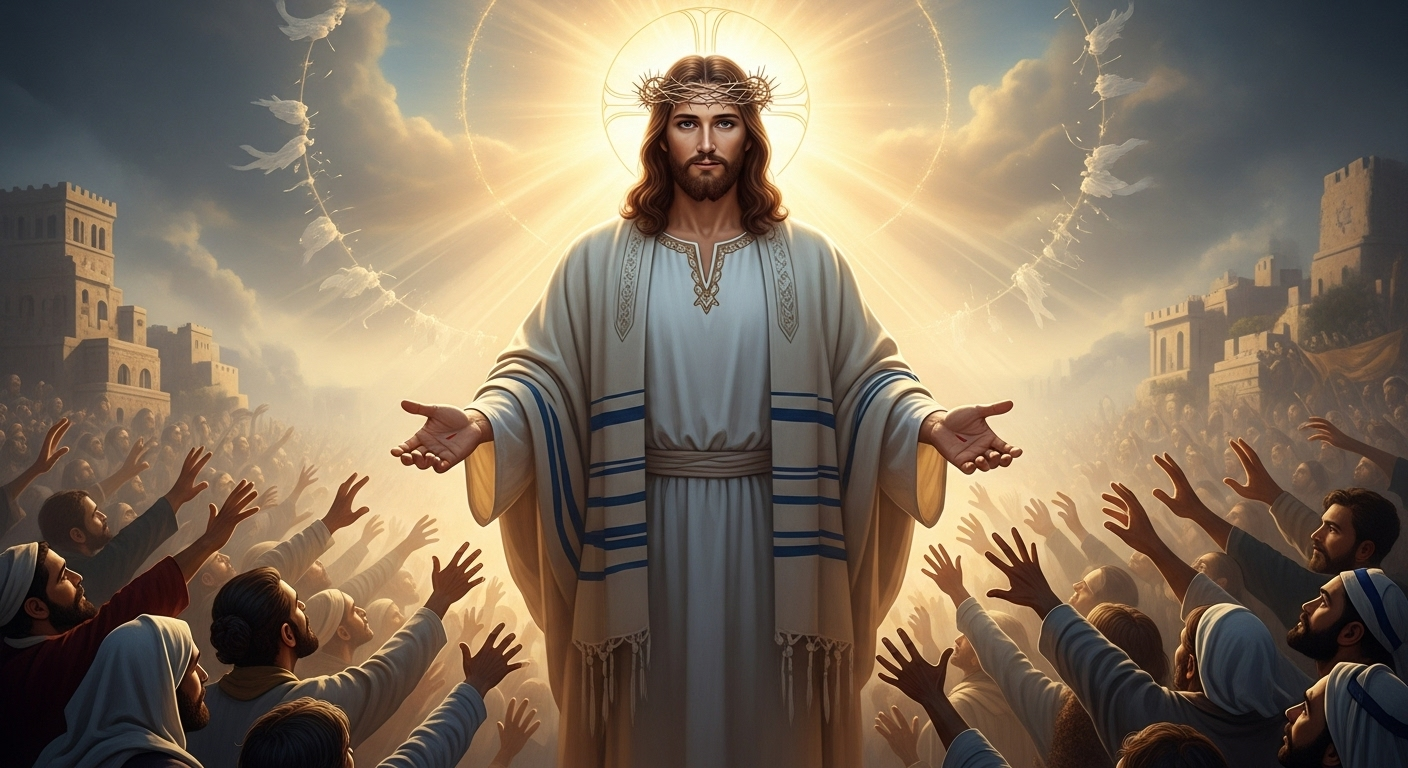 Majestic image of Jesus, radiating light, depicted as both the Jewish Messiah and the universal Savior, with elements of ancient Israel and a global community.