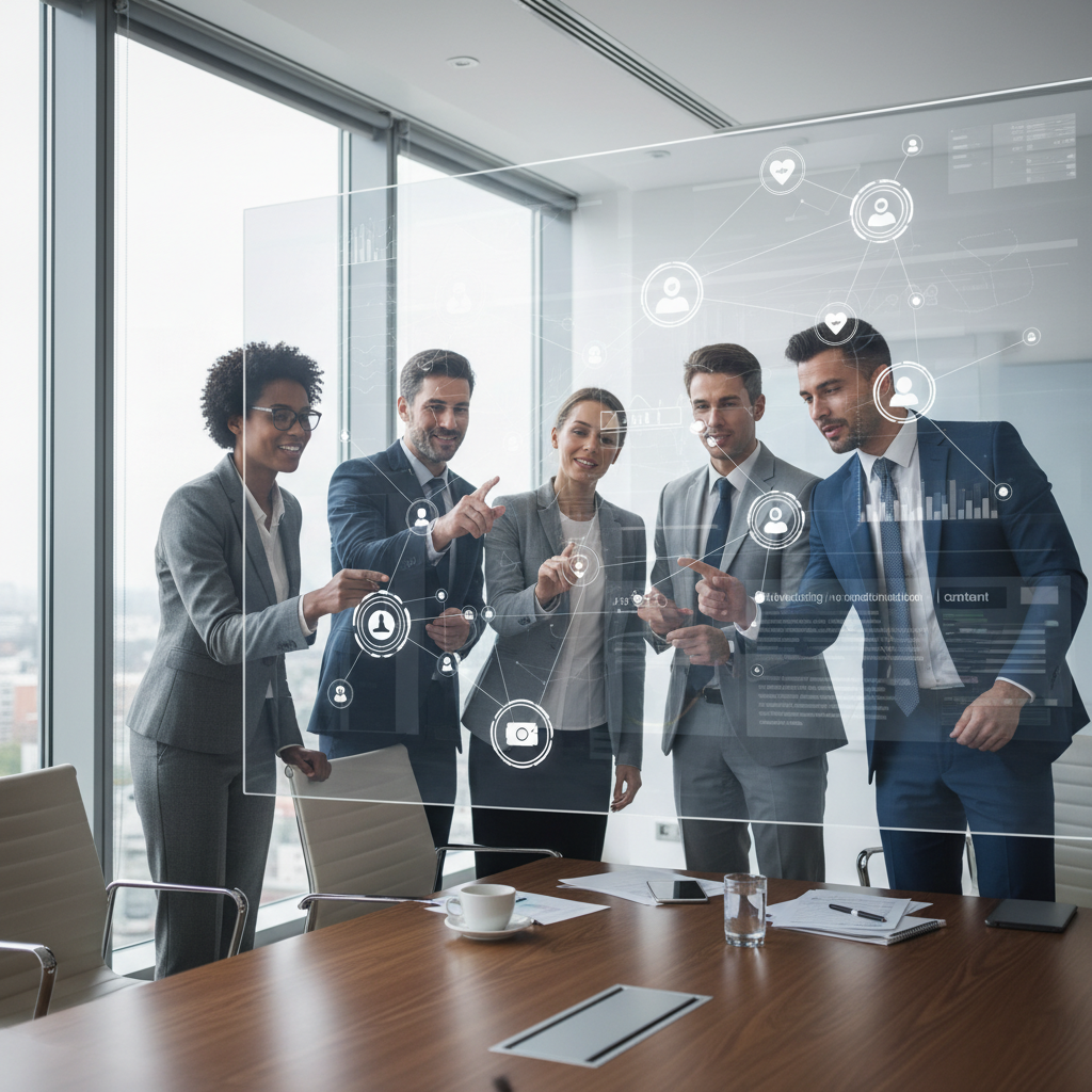 Marketing and social media professionals collaborating in a modern boardroom, viewing integrated digital content and data on a large screen, representing the synergy from a strategic acquisition.