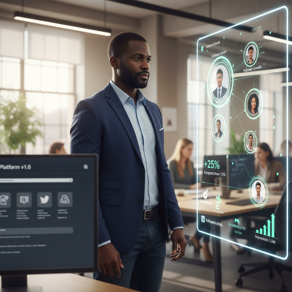 Marketing professional examining modern social media and influencer marketing platforms, moving beyond an outdated system.