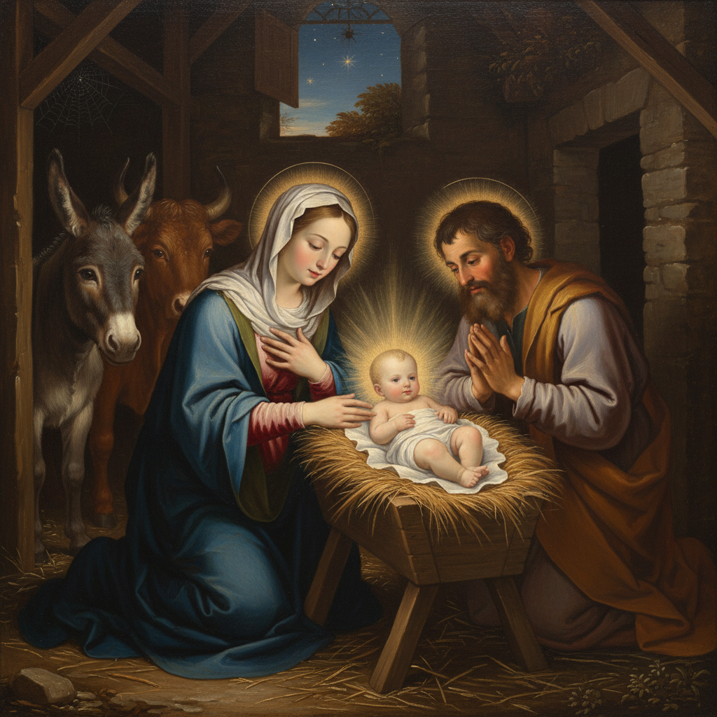 Mary and Joseph lovingly behold baby Jesus in a softly glowing manger within a rustic stable, with farm animals observing peacefully.