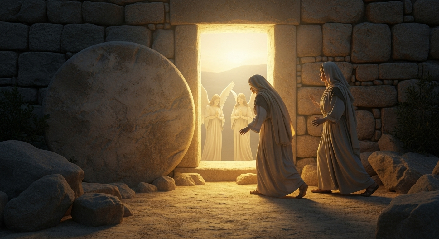 Mary Magdalene and another woman discover the empty tomb of Jesus at dawn, with angels subtly present.
