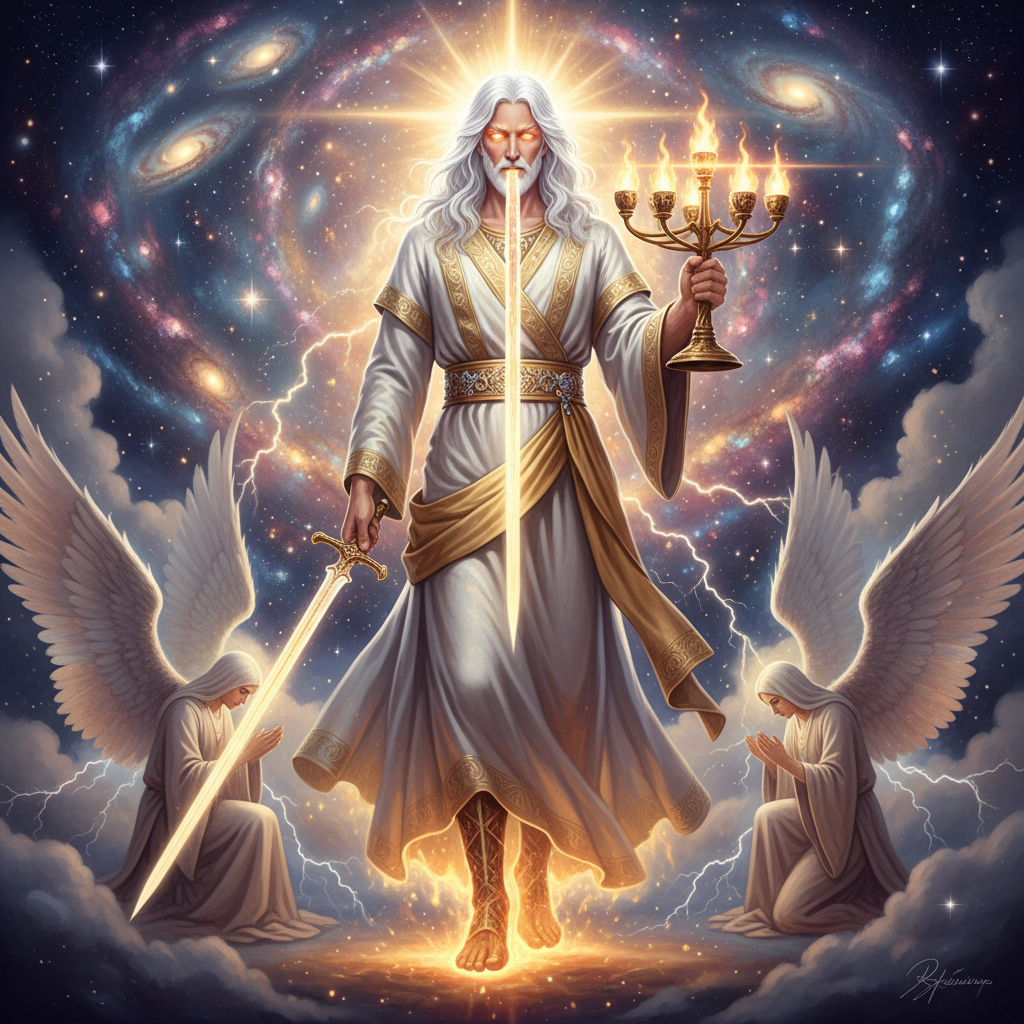 Mystical depiction of Jesus as the Son of Man from Revelation, with hair like white wool and feet like burnished bronze.