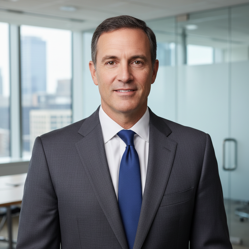 Professional headshot of a confident male CEO in a modern corporate office setting.