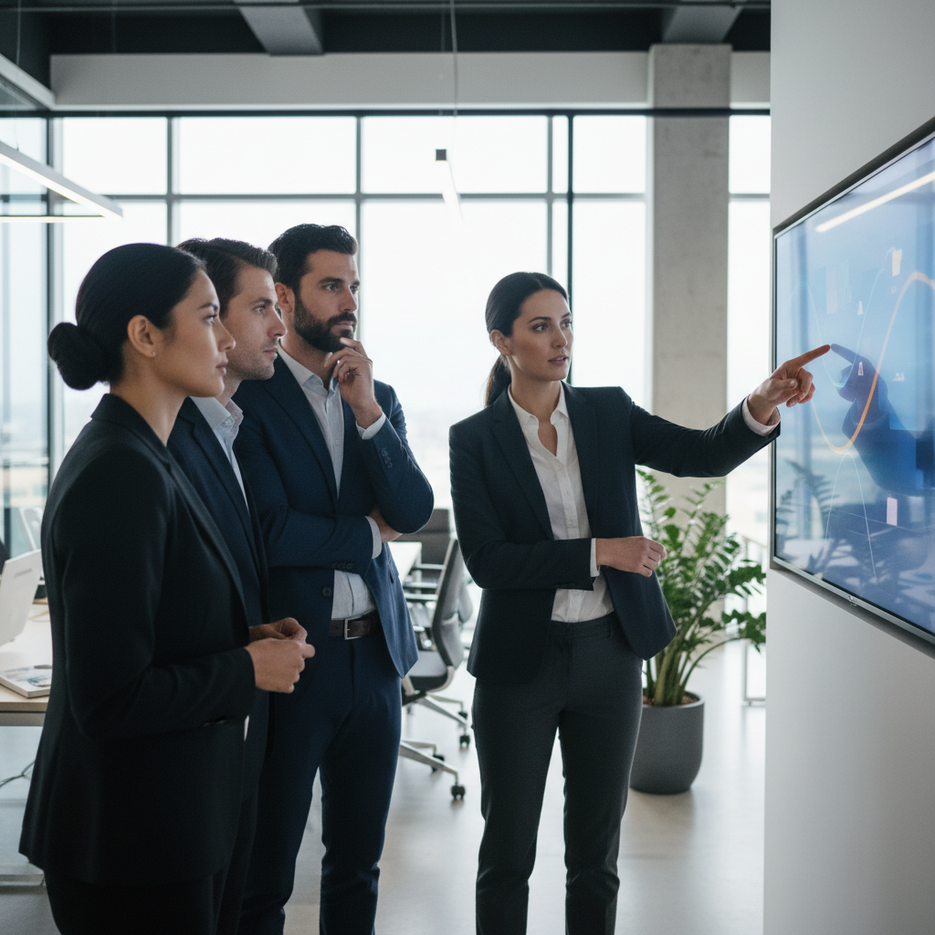 Professionals in an office discussing evolving market trends and strategic shifts on a digital screen.