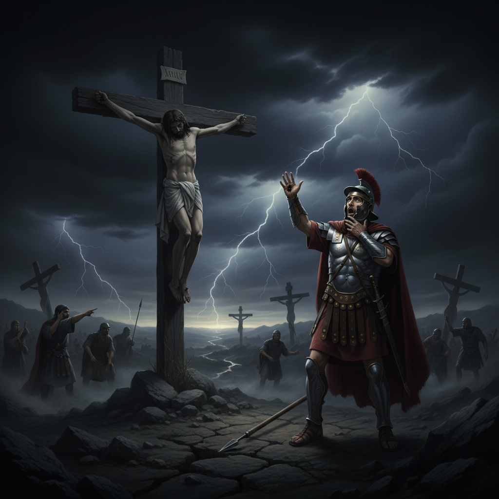 Profound darkness covers Golgotha after Jesus's death on the cross, as a Roman centurion looks on in awe and realization.
