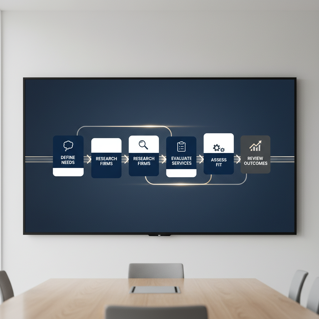 Step-by-step infographic outlining the five key stages for choosing the right marketing consulting agency, using a horizontal flow of geometric shapes and minimalist icons.