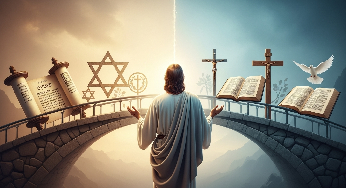 Symbolic image showing Jesus bridging ancient Jewish heritage and the Christian faith, with Jewish symbols on one side and Christian symbols on the other.