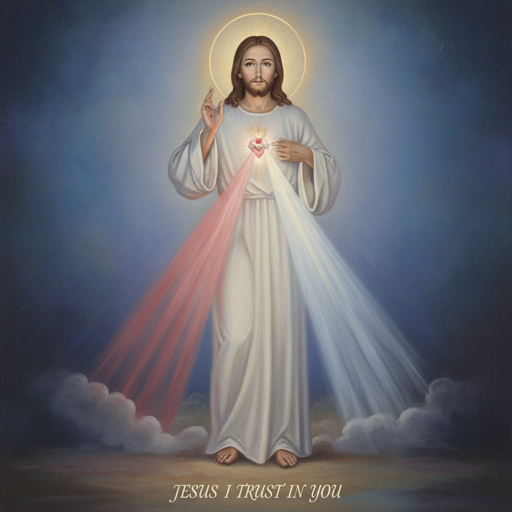 The Divine Mercy image of Jesus Christ, with red and white rays emanating from his heart.