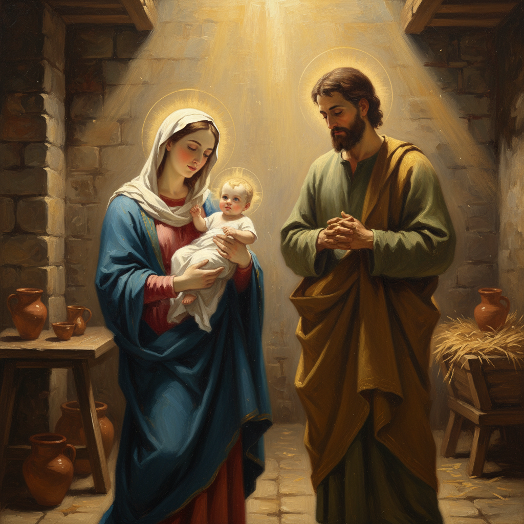 The Holy Family: Mary holding baby Jesus, with Joseph standing protectively beside them, bathed in warm golden light in a humble home.