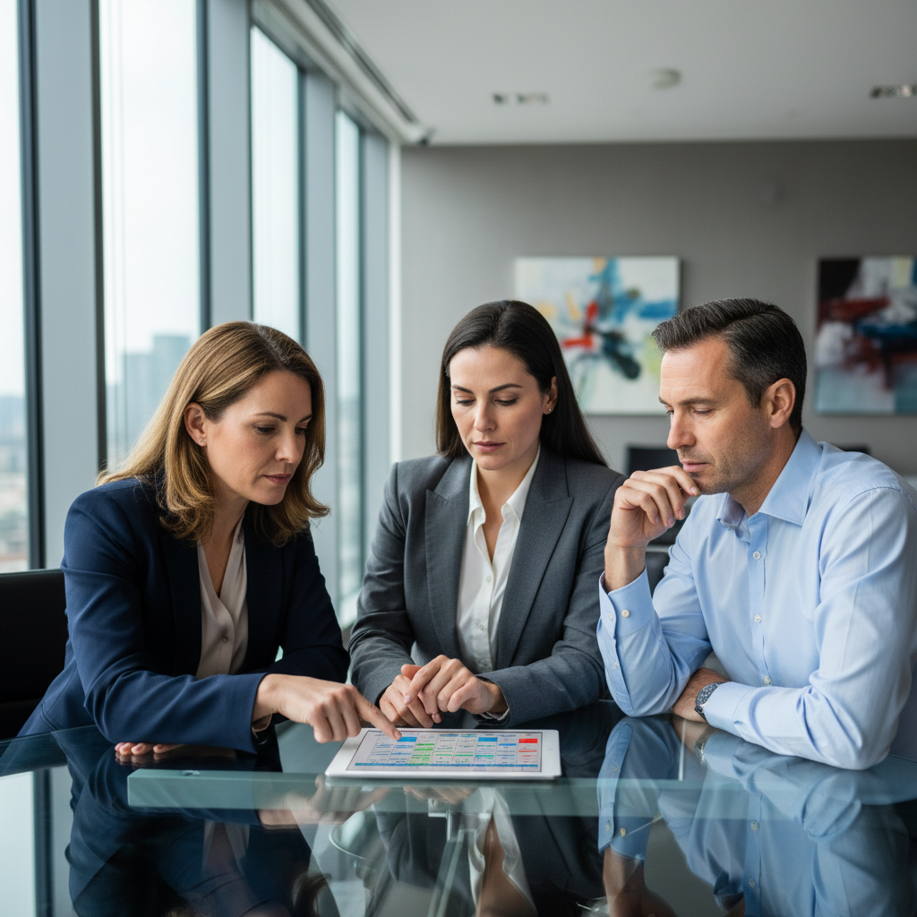 Three business professionals collaboratively reviewing a decision matrix on a tablet, discussing which freelance platform to choose.