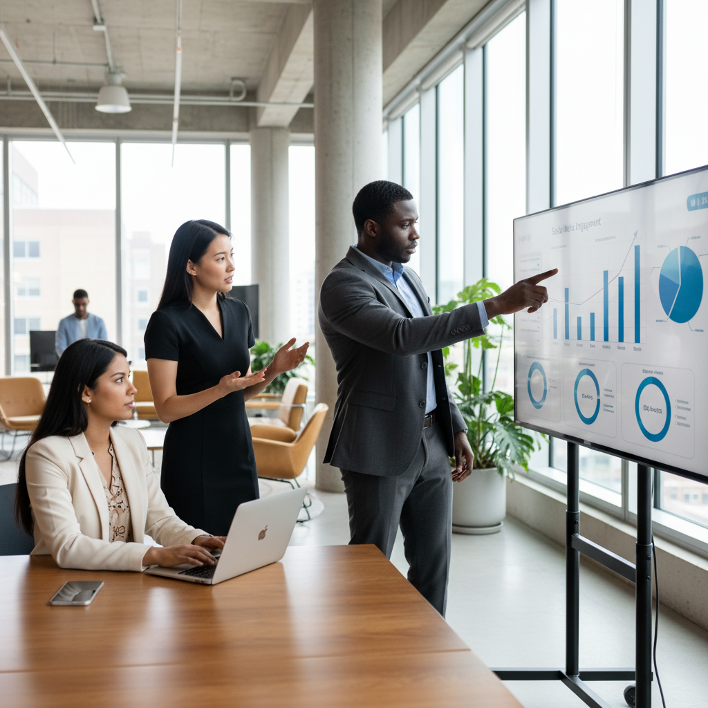 Three diverse marketing professionals collaborating around a screen displaying social media analytics in a modern office.
