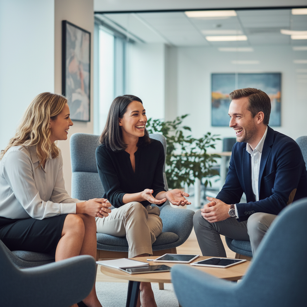 Three smiling colleagues engaged in a positive conversation in a modern office lounge.