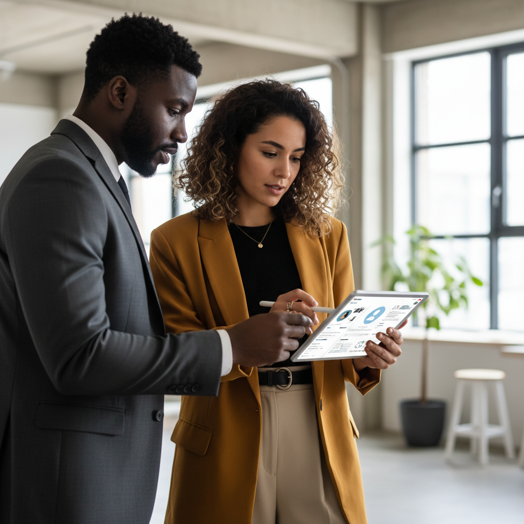 Two business professionals, a brand manager and a content creator, collaborating and strategizing over a tablet displaying a digital platform in a modern office.