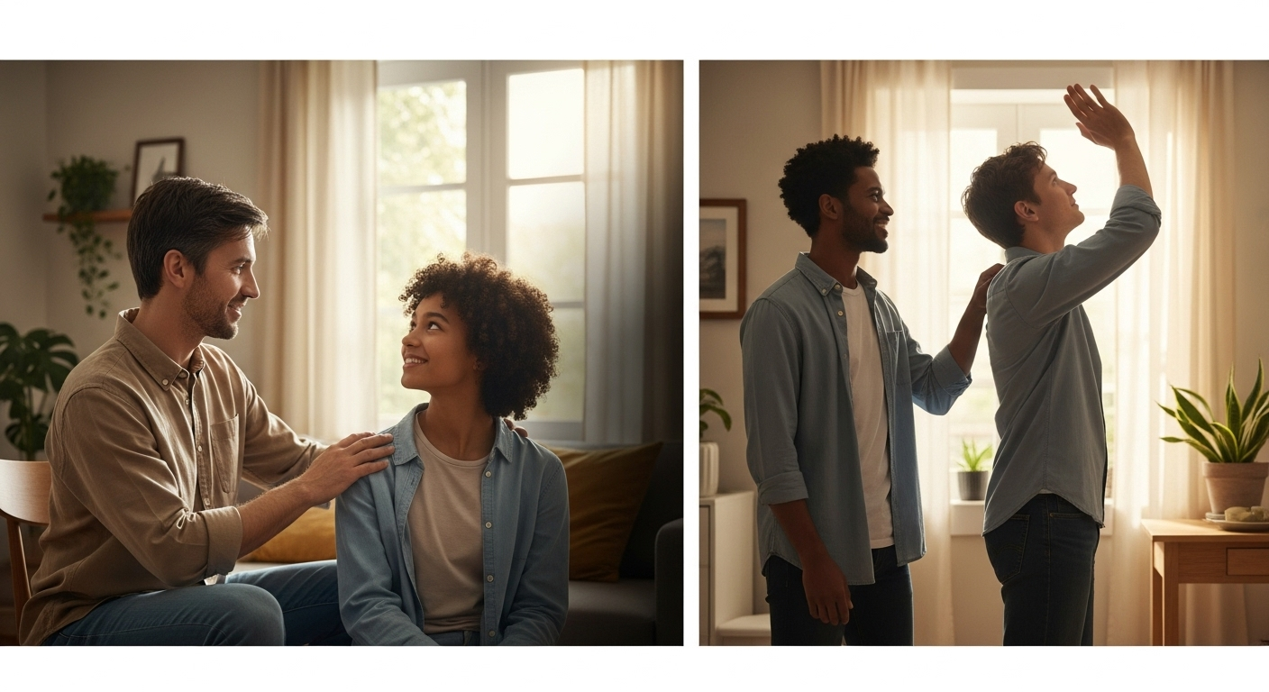 Two contemporary individuals finding reconciliation and peace through an act of forgiveness.