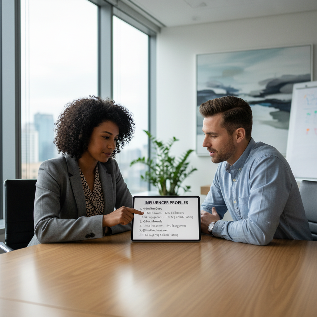 Two marketing professionals collaborate on building an influencer list from a digital display.