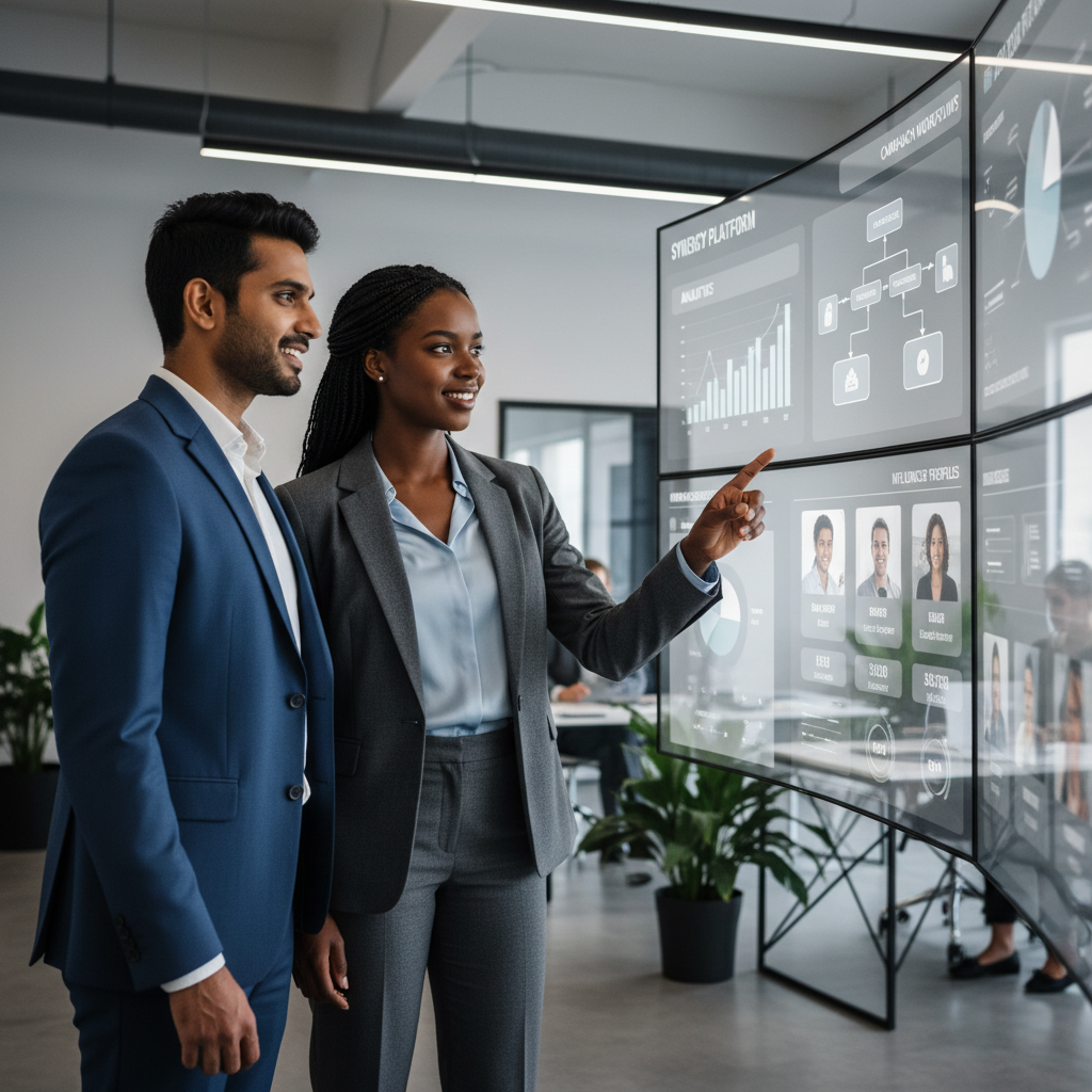 Two marketing professionals efficiently use an integrated influencer management platform on a large interactive screen in a modern tech office.
