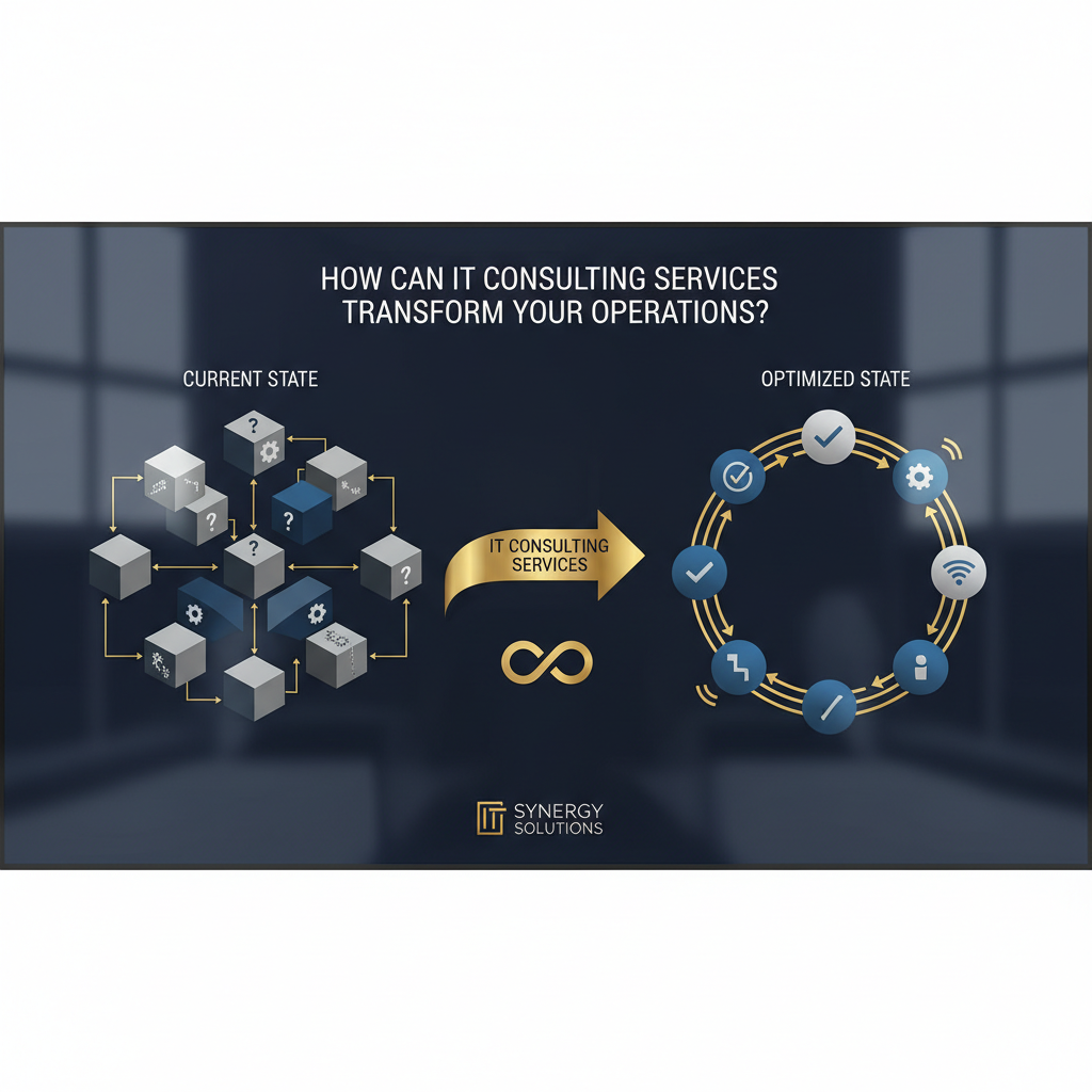 Visual representation of streamlined business operations through IT consulting, showing a transformation from complex manual processes to efficient automated workflows.